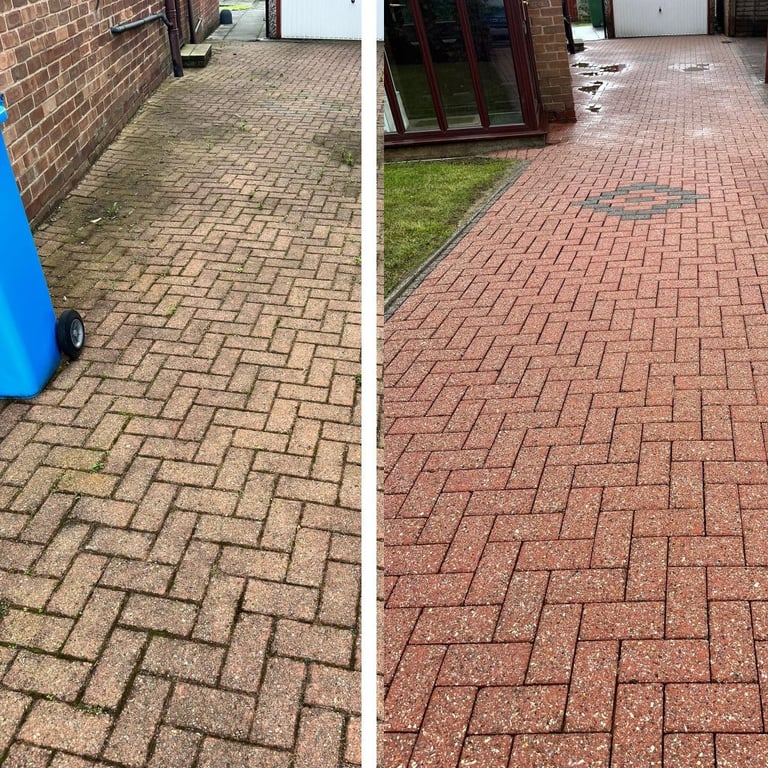 Red block paving before and after professional cleaning